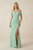 Off-the-Shoulder Sheath Chiffon Ruched Bridesmaid Dress in Pale Pistachio