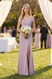 Off-the-Shoulder Sheath Matte Satin Bridesmaid Dress in Lavender Grey