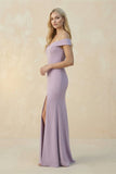 Off-the-Shoulder Sheath Matte Satin Bridesmaid Dress in Lavender Grey