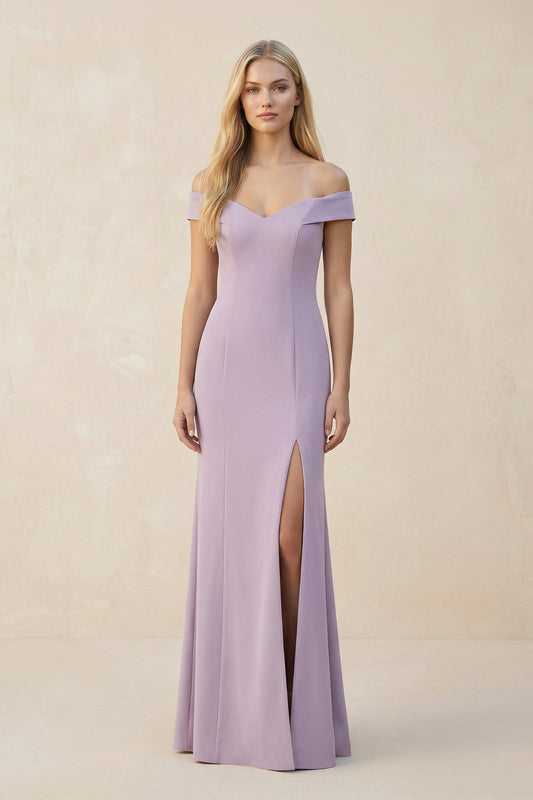 Off-the-Shoulder Sheath Matte Satin Bridesmaid Dress in Lavender Grey