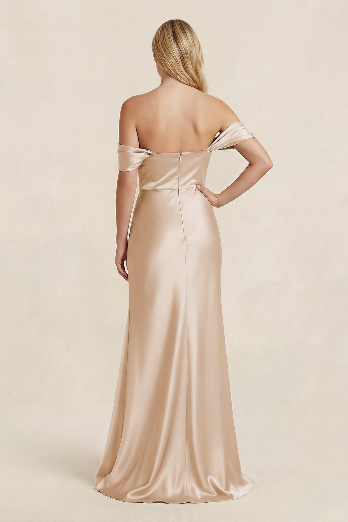 Off-the-Shoulder Sheath Satin Bridesmaid Dress with Slit in Golden Champagne