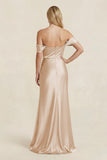 Off-the-Shoulder Sheath Satin Bridesmaid Dress with Slit in Golden Champagne