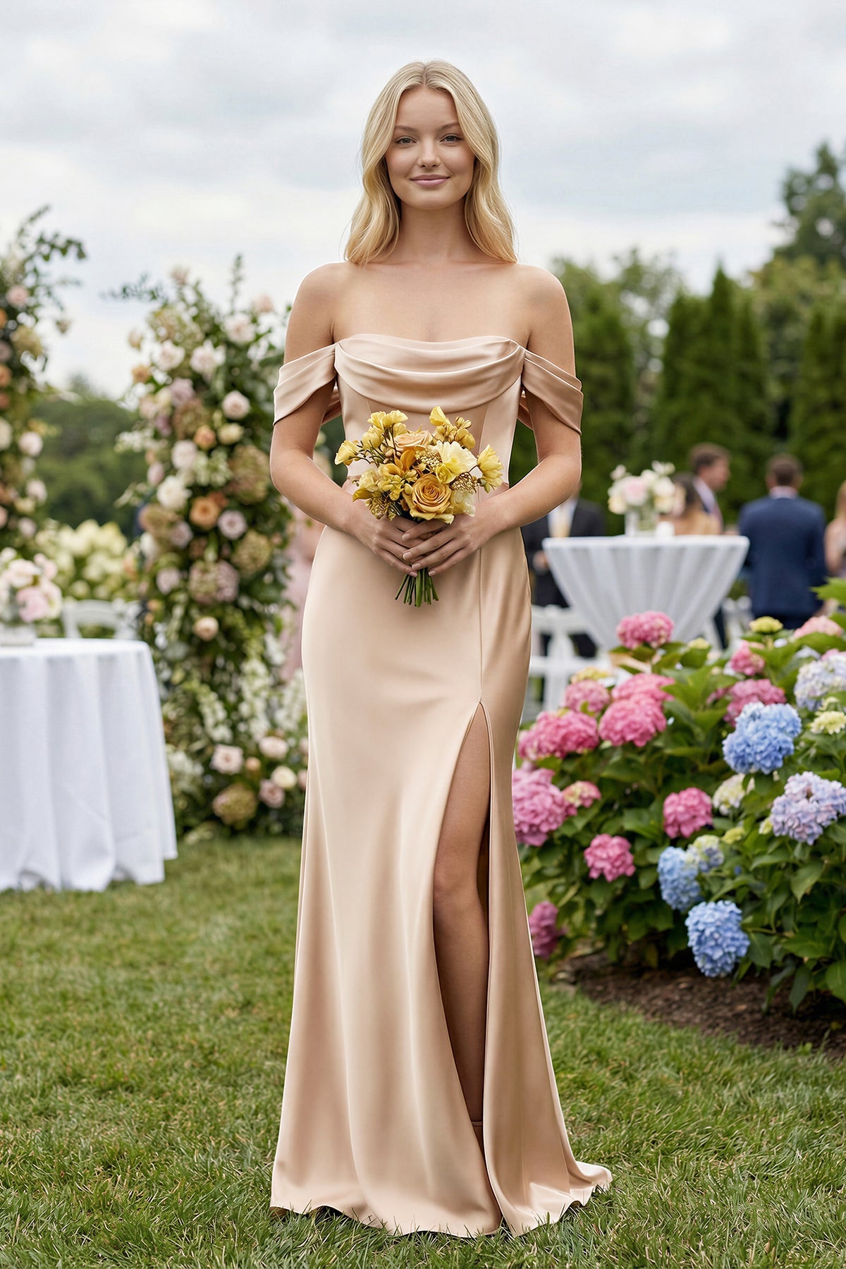 Off-the-Shoulder Sheath Satin Bridesmaid Dress with Slit in Golden Champagne