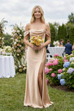 Off-the-Shoulder Sheath Satin Bridesmaid Dress with Slit in Golden Champagne