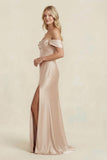 Off-the-Shoulder Sheath Satin Bridesmaid Dress with Slit in Golden Champagne