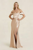 Off-the-Shoulder Sheath Satin Bridesmaid Dress with Slit in Golden Champagne