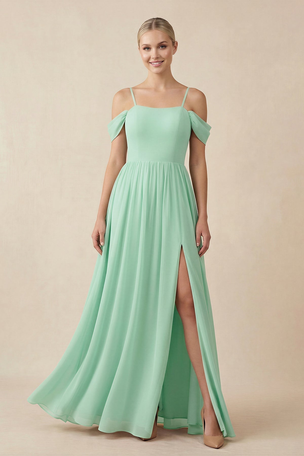 Off-the-Shoulder Sweetheart A-Line Chiffon Bridesmaid Dress in Pale Pistachio