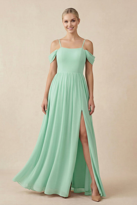 Off-the-Shoulder Sweetheart A-Line Chiffon Bridesmaid Dress in Pale Pistachio