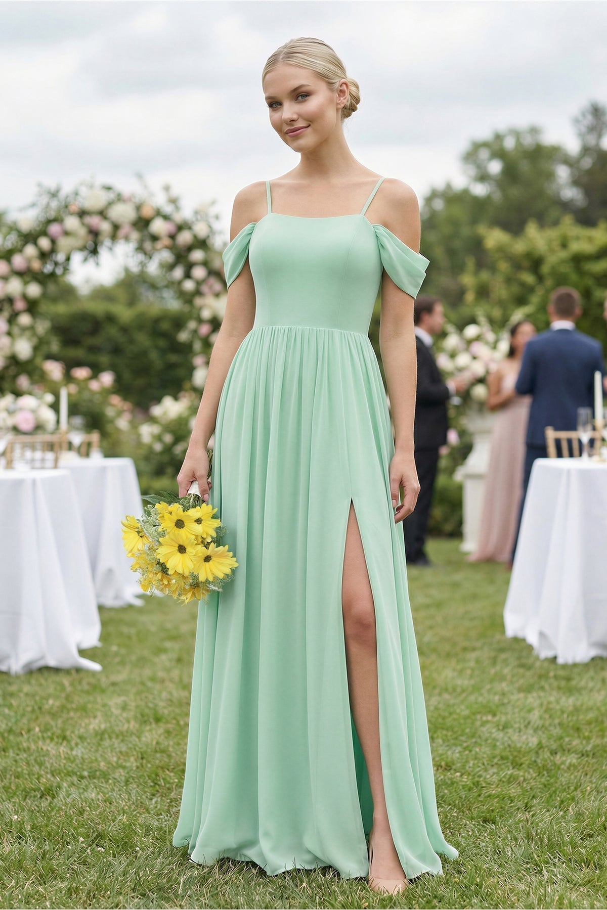 Off-the-Shoulder Sweetheart A-Line Chiffon Bridesmaid Dress in Pale Pistachio