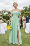 Off-the-Shoulder Sweetheart A-Line Chiffon Bridesmaid Dress in Pale Pistachio