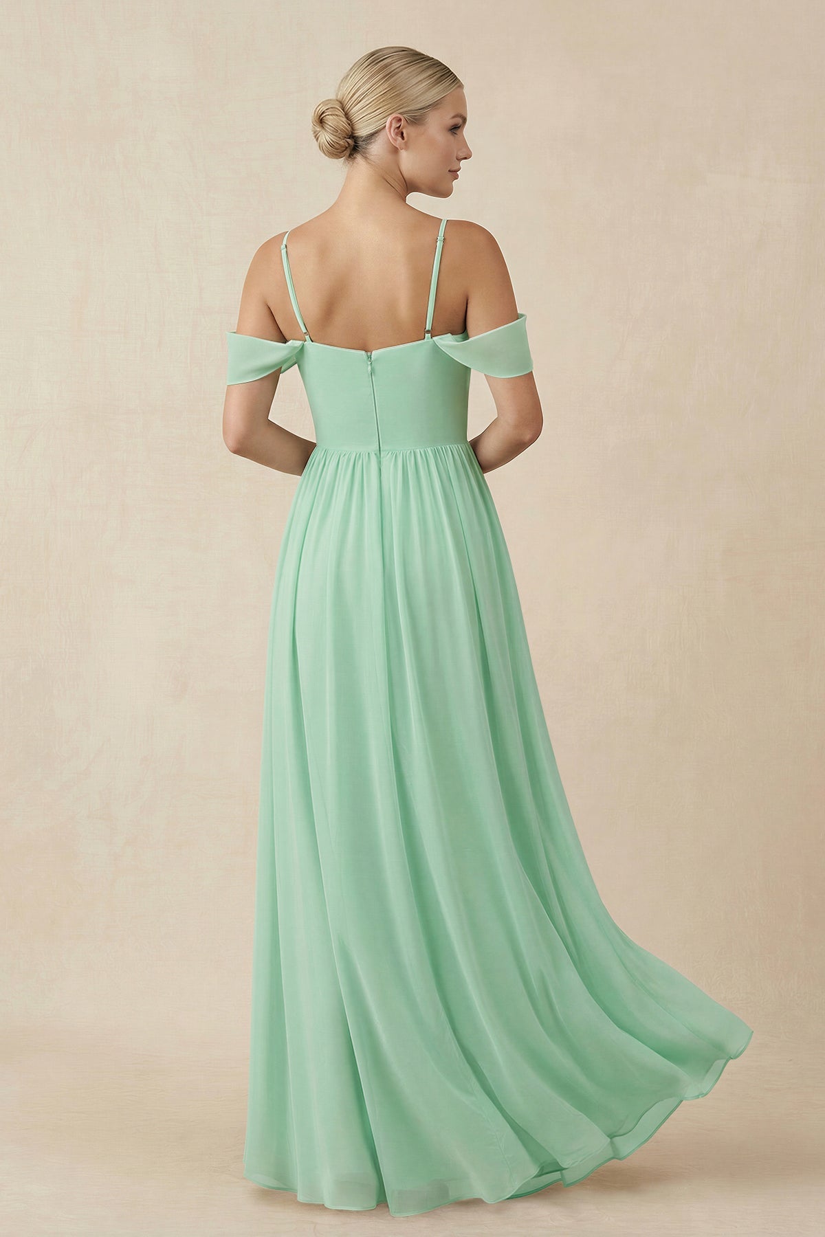 Off-the-Shoulder Sweetheart A-Line Chiffon Bridesmaid Dress in Pale Pistachio