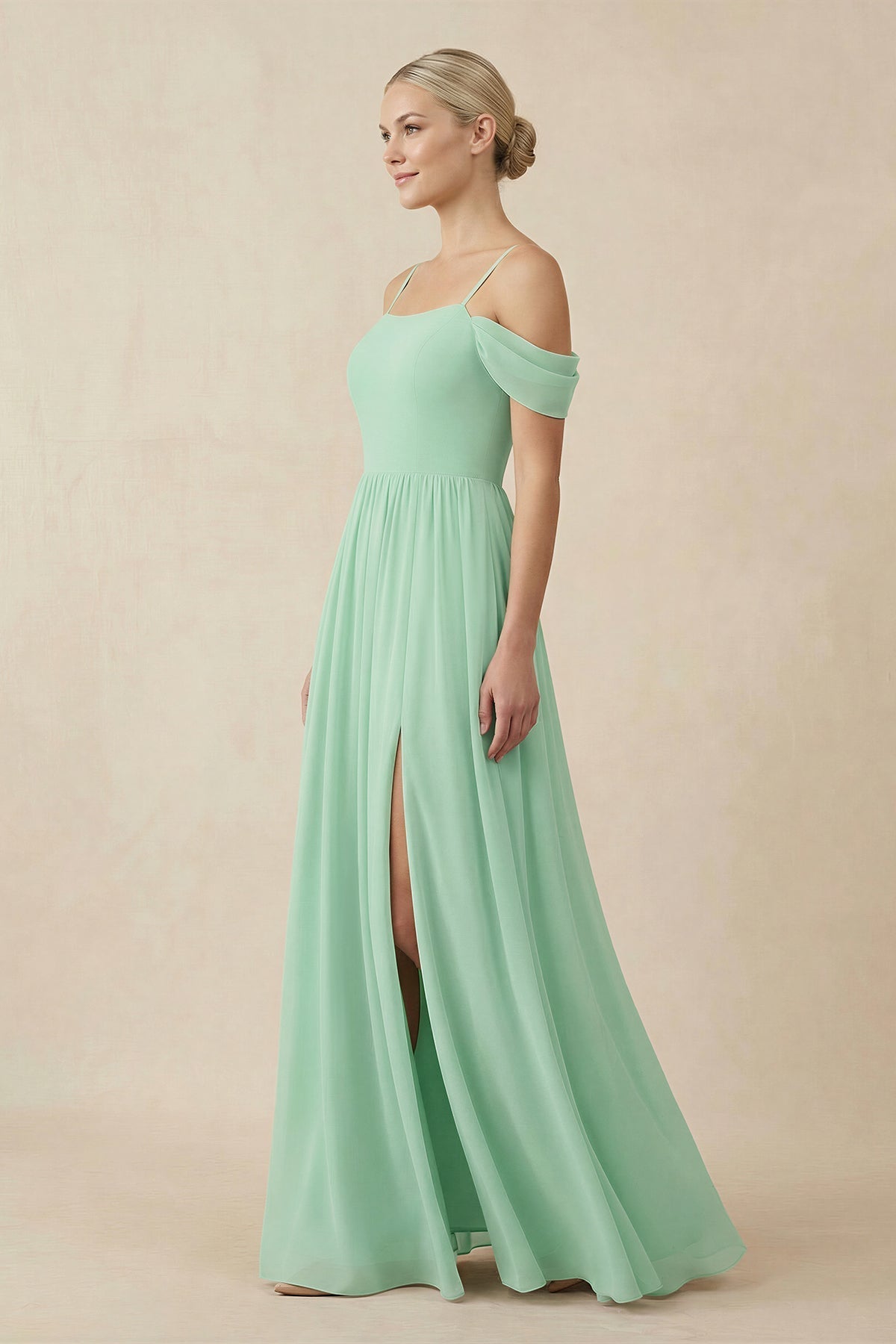 Off-the-Shoulder Sweetheart A-Line Chiffon Bridesmaid Dress in Pale Pistachio