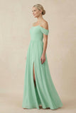 Off-the-Shoulder Sweetheart A-Line Chiffon Bridesmaid Dress in Pale Pistachio