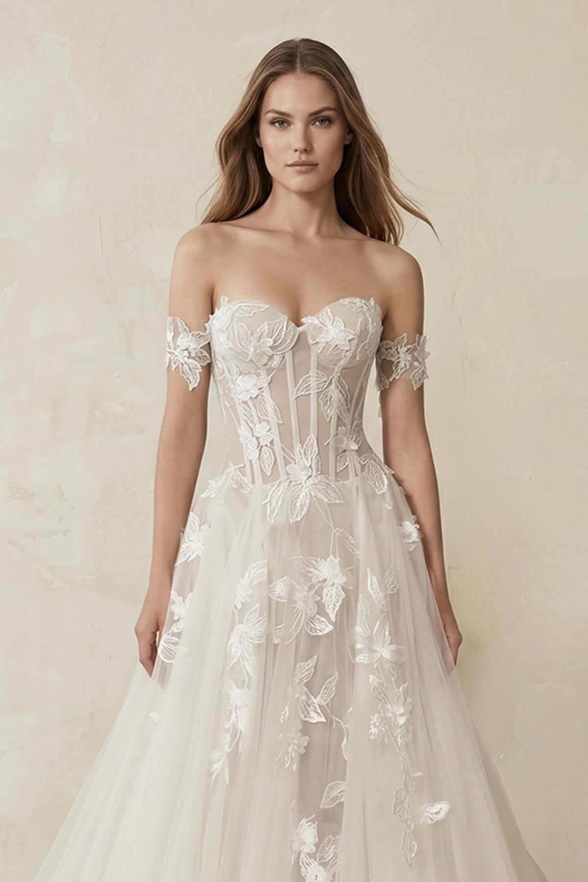 Off-the-Shoulder Tulle A-Line Corset Appliqued Wedding Dress in Ivory