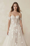 Off-the-Shoulder Tulle A-Line Corset Appliqued Wedding Dress in Ivory