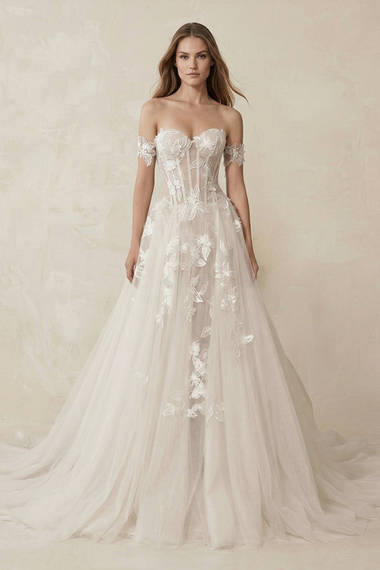 Off-the-Shoulder Tulle A-Line Corset Appliqued Wedding Dress in Ivory