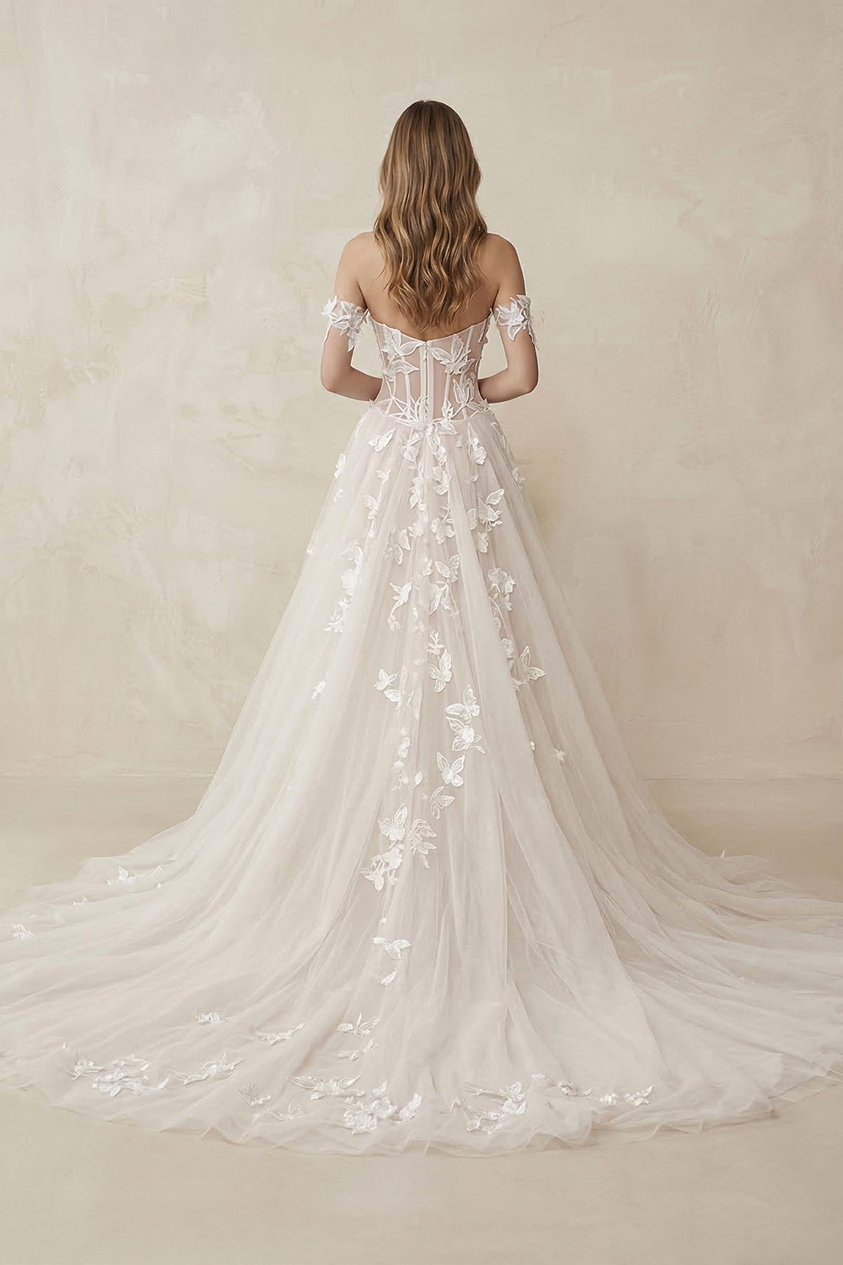 Off-the-Shoulder Tulle A-Line Corset Appliqued Wedding Dress in Ivory