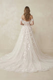 Off-the-Shoulder Tulle A-Line Corset Appliqued Wedding Dress in Ivory
