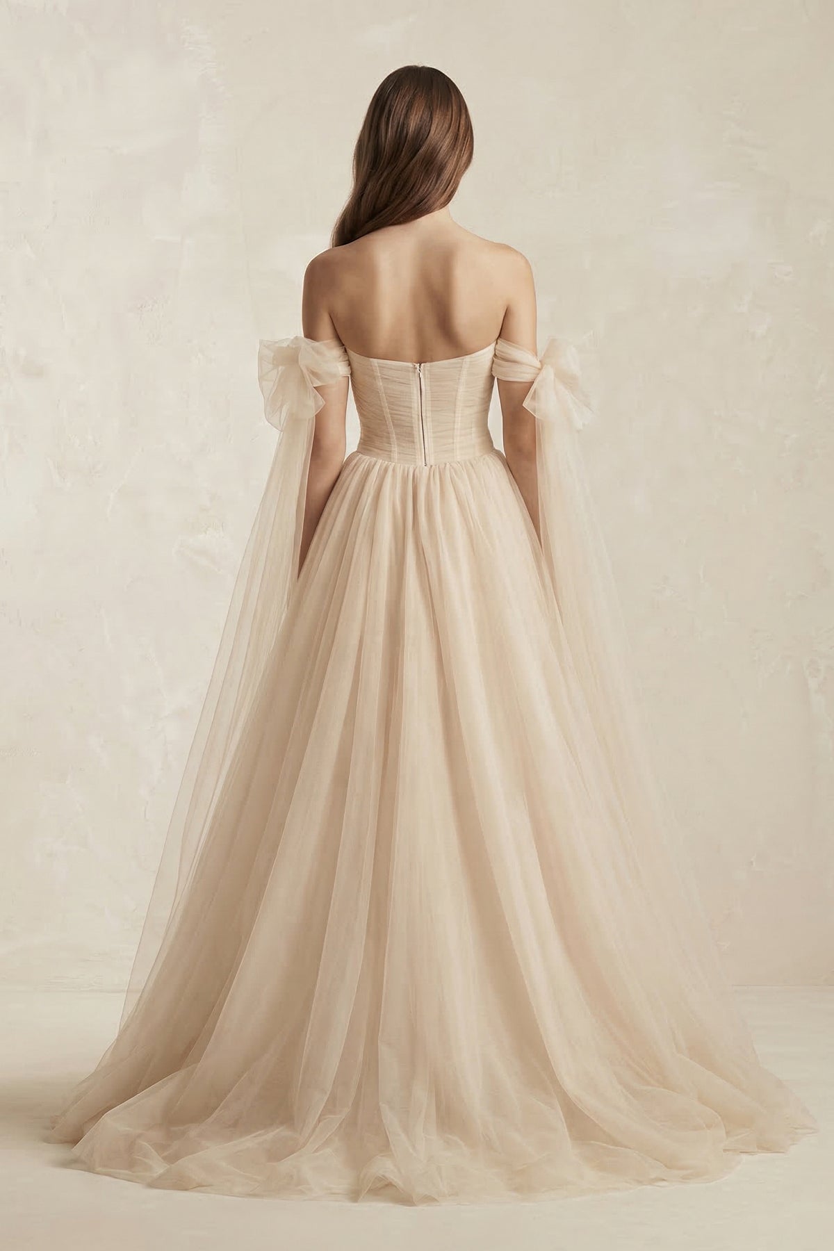 Beach Pleated Tulle Off-The-Shoulder A-Line Wedding Dresses With Slit
