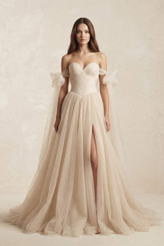 Beach Pleated Tulle Off-The-Shoulder A-Line Wedding Dresses With Slit