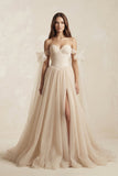 Beach Pleated Tulle Off-The-Shoulder A-Line Wedding Dresses With Slit