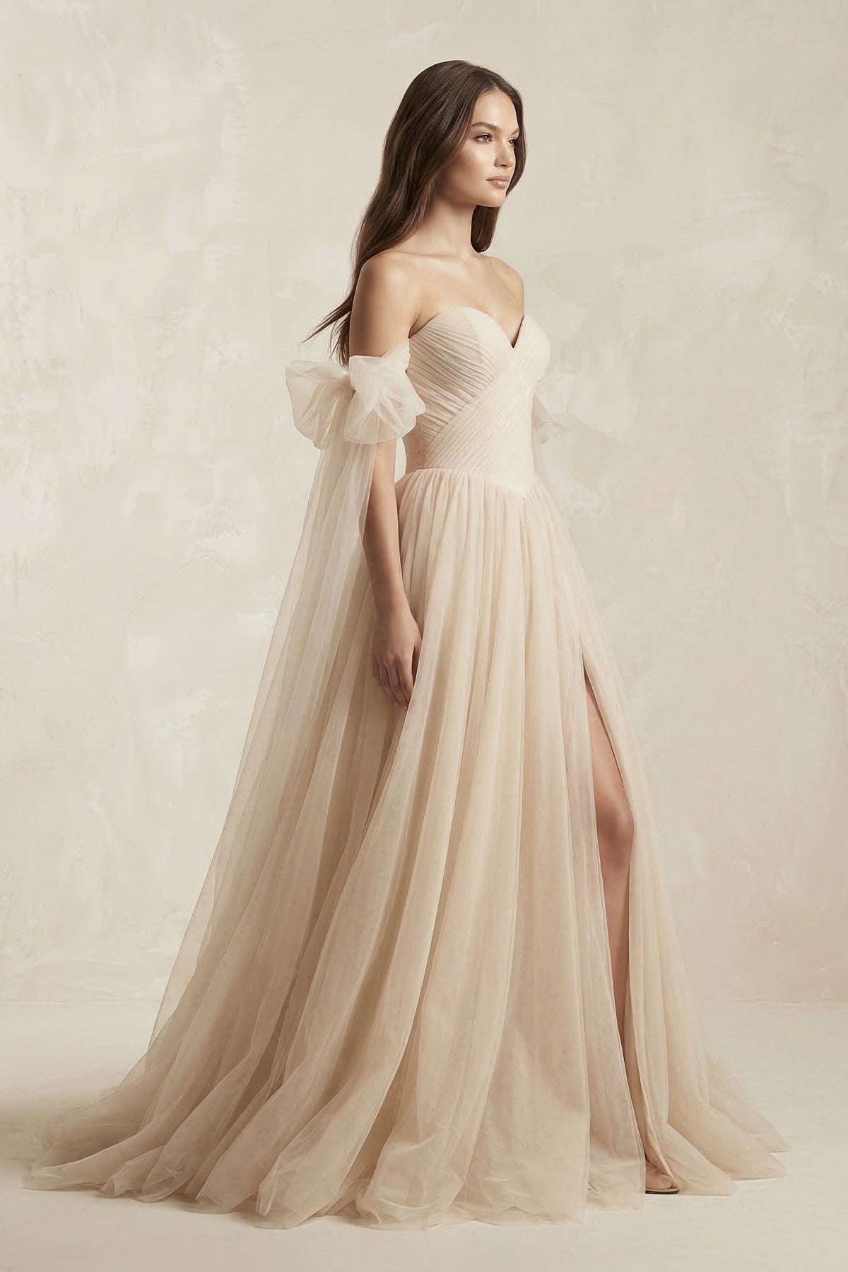 Beach Pleated Tulle Off-The-Shoulder A-Line Wedding Dresses With Slit
