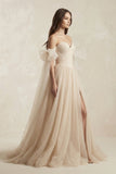 Beach Pleated Tulle Off-The-Shoulder A-Line Wedding Dresses With Slit