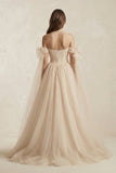 Beach Pleated Tulle Off-The-Shoulder A-Line Wedding Dresses With Slit