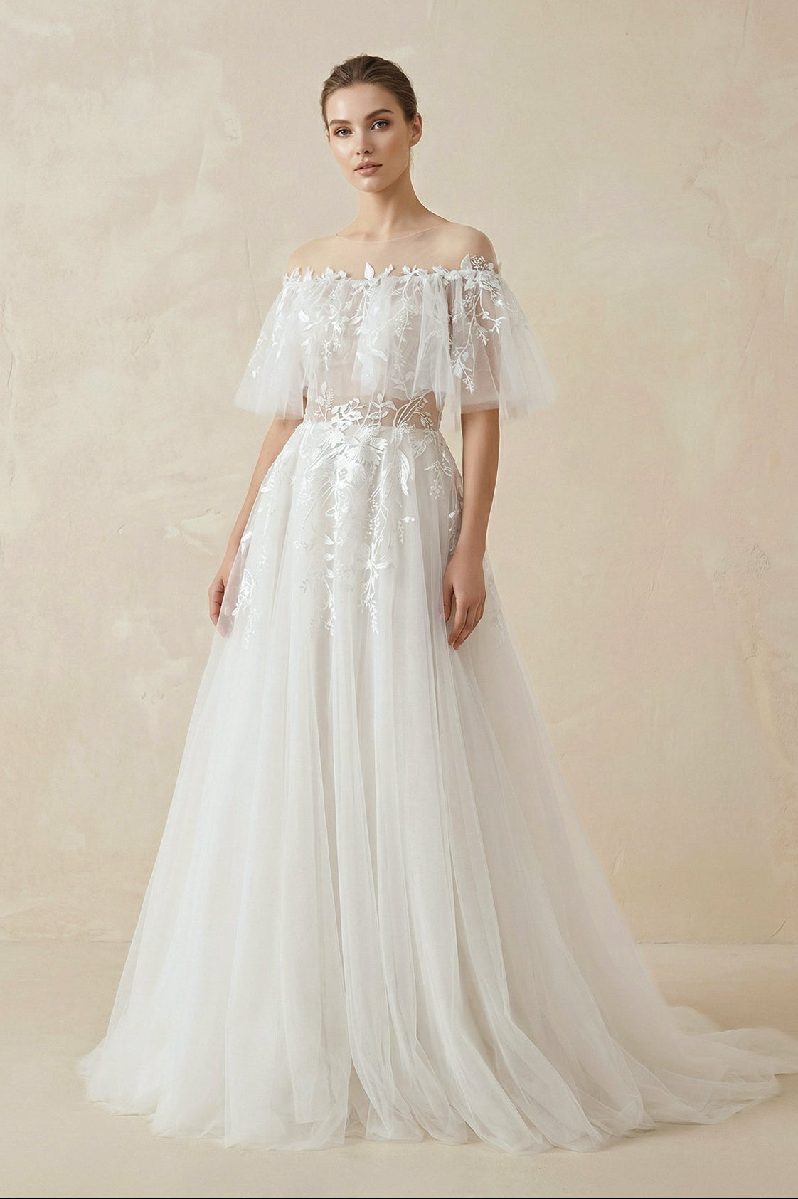 Off-the-Shoulder Tulle A-Line Wedding Dress with Appliques