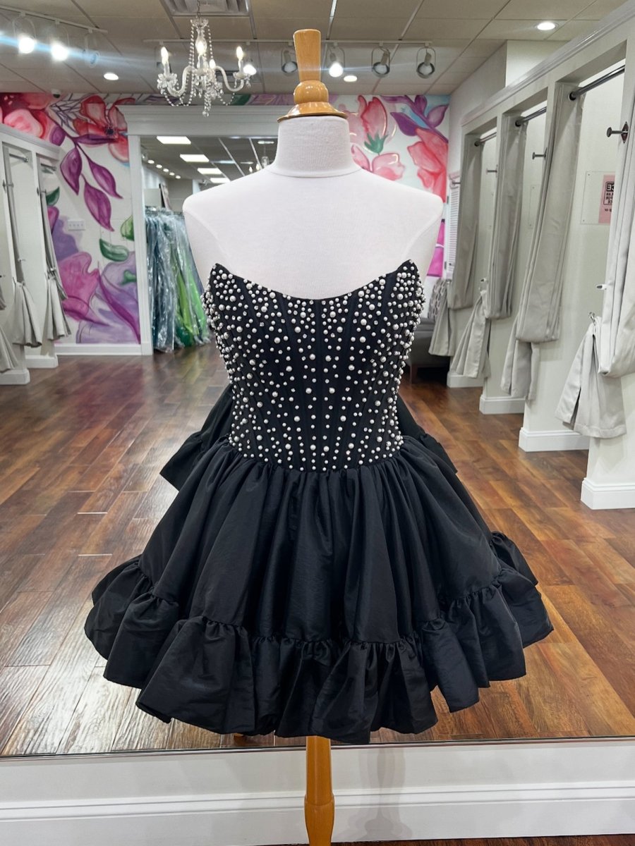 Pink Strapless A Line Satin Ruffles Homecoming Dresses With Pearls