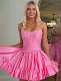 Pink Strapless A Line Satin Ruffles Homecoming Dresses With Pearls