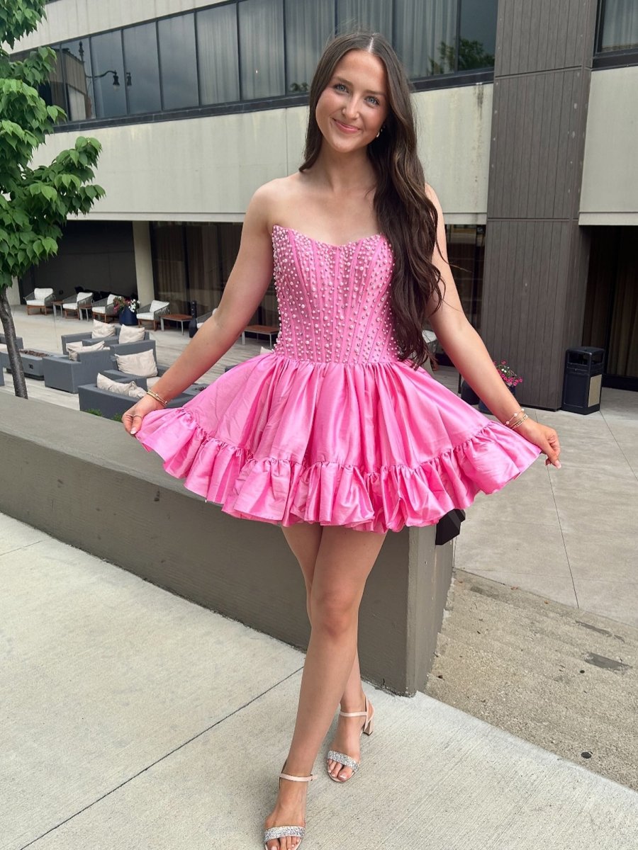 Pink Strapless A Line Satin Ruffles Homecoming Dresses With Pearls