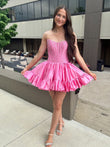 Pink Strapless A Line Satin Ruffles Homecoming Dresses With Pearls