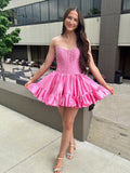 Pink Strapless A Line Satin Ruffles Homecoming Dresses With Pearls