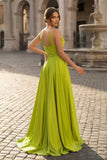 Olive Green Cowl Neck Chain Strap A-Line Long Prom Dress