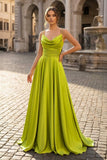 Olive Green Cowl Neck Chain Strap A-Line Long Prom Dress
