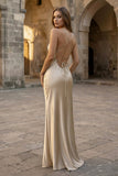 Yellow Spaghetti Straps Sheath Satin Lace Up Long Prom Dresses