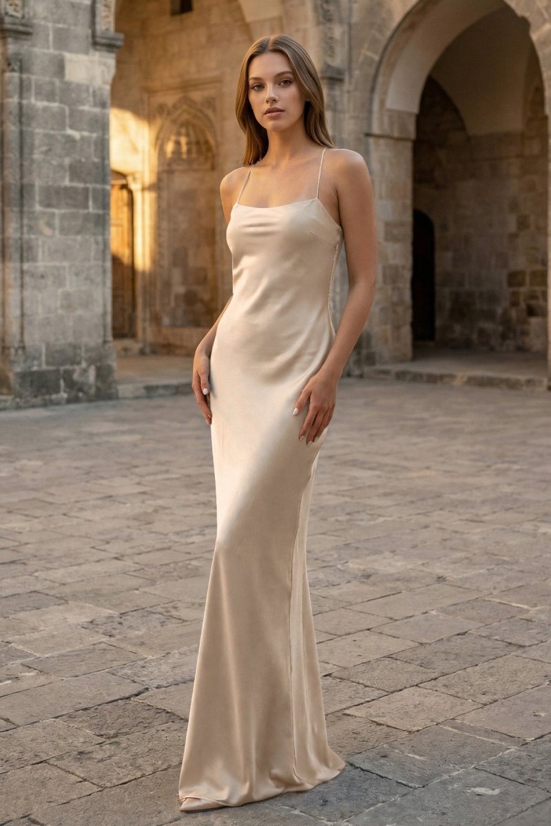 Yellow Spaghetti Straps Sheath Satin Lace Up Long Prom Dresses