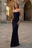 Yellow Spaghetti Straps Sheath Satin Lace Up Long Prom Dresses