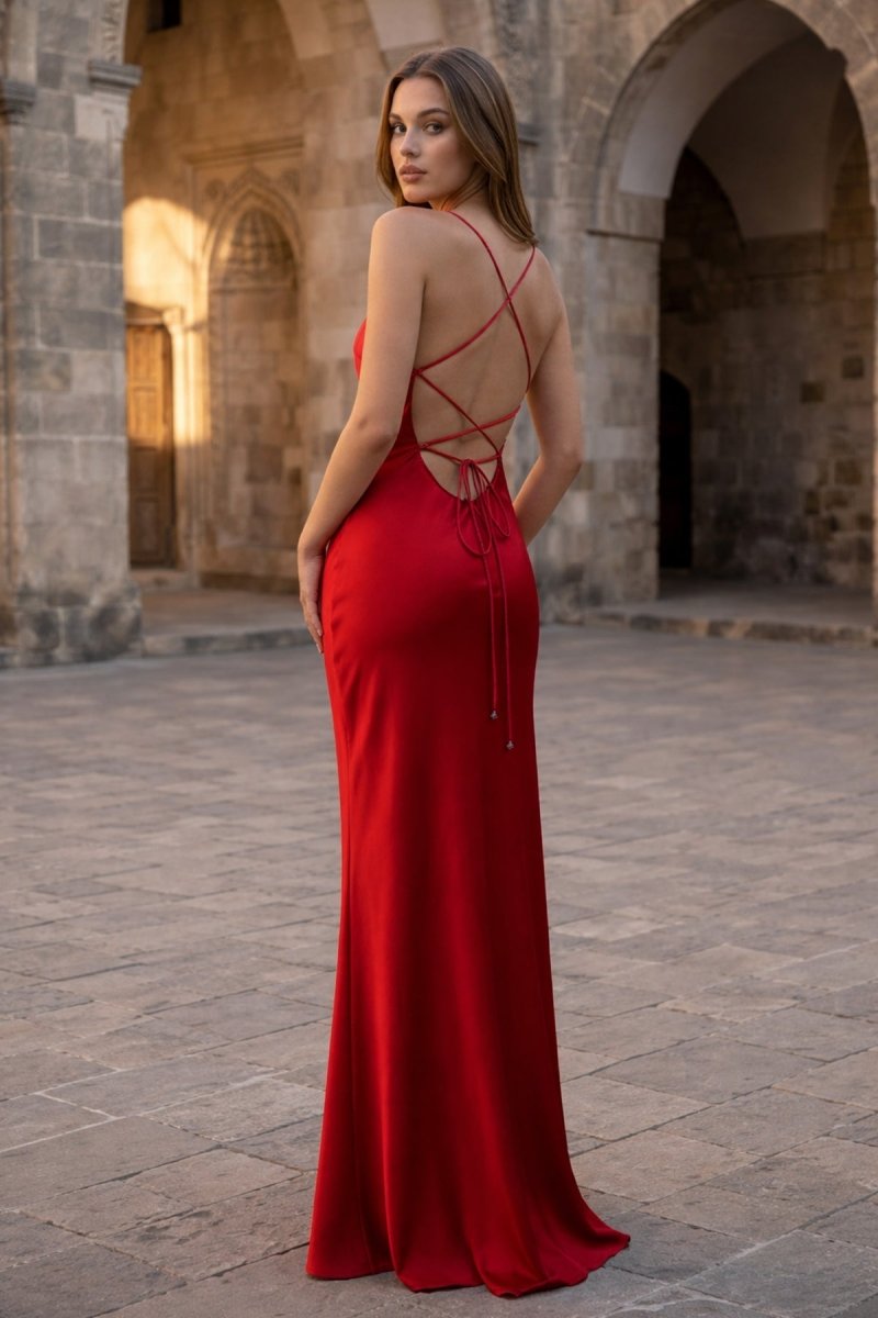 Yellow Spaghetti Straps Sheath Satin Lace Up Long Prom Dresses