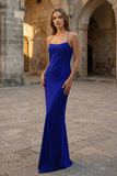 Yellow Spaghetti Straps Sheath Satin Lace Up Long Prom Dresses
