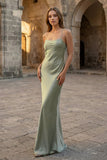 Yellow Spaghetti Straps Sheath Satin Lace Up Long Prom Dresses