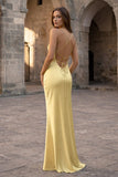 Yellow Spaghetti Straps Sheath Satin Lace Up Long Prom Dresses