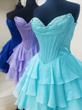 Blue - A-Line Sweetheart Corset Ruffle Homecoming & Cocktail Dresses With Applique