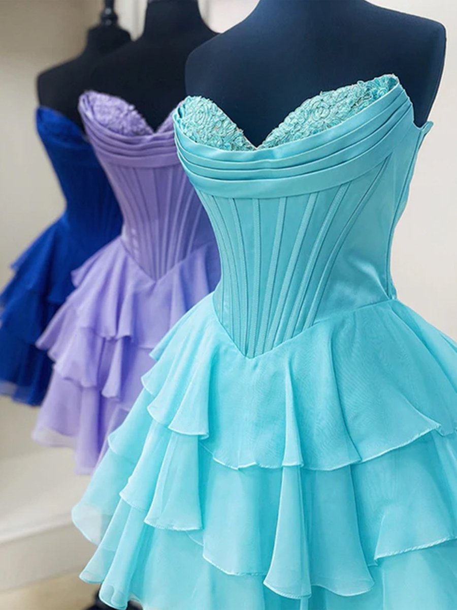 Blush A-Line Sweetheart Corset Ruffle Homecoming & Cocktail Dresses With Applique