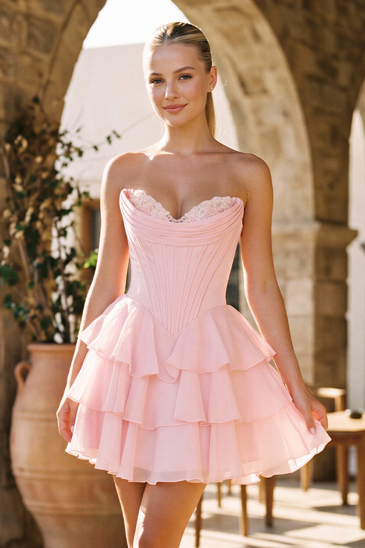 Blush A-Line Sweetheart Corset Ruffle Homecoming & Cocktail Dresses With Applique