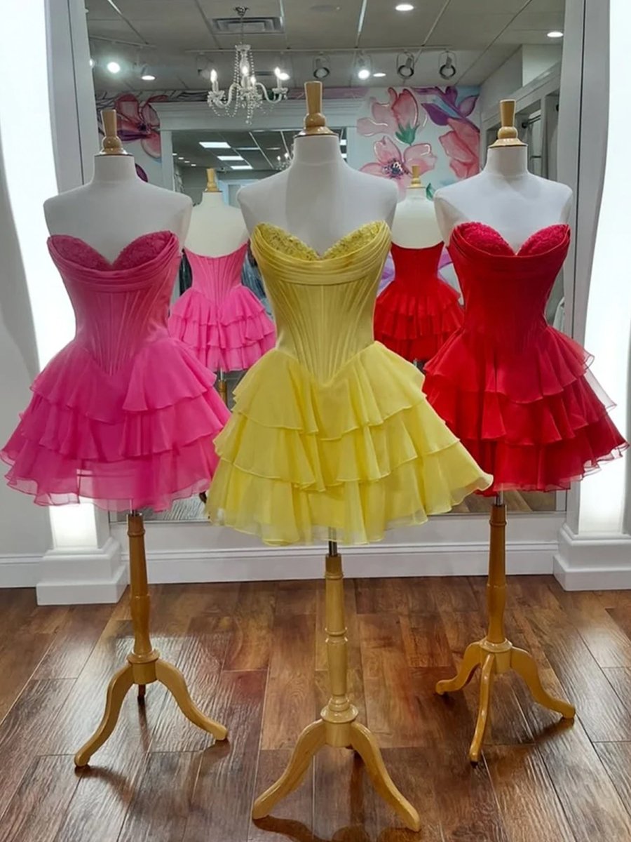 Fuchsia - A-Line Sweetheart Corset Ruffle Homecoming & Cocktail Dresses With Applique
