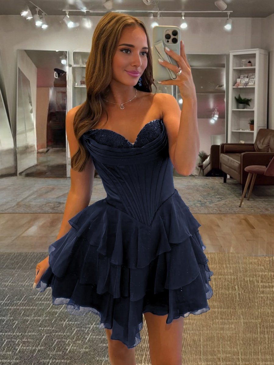 Navy Blue - A-Line Sweetheart Corset Ruffle Homecoming & Cocktail Dresses With Applique
