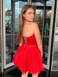 Red - A-Line Sweetheart Corset Ruffle Homecoming & Cocktail Dresses With Applique