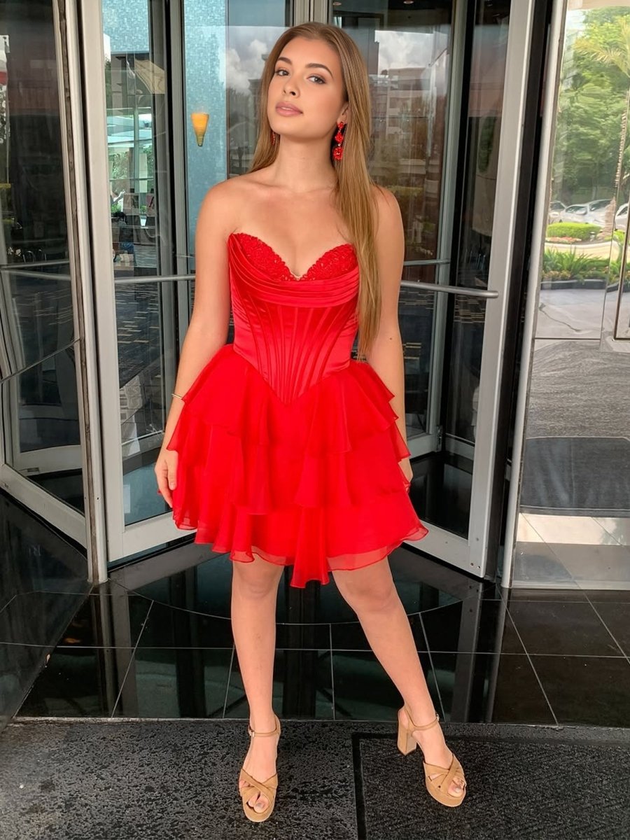 Red - A-Line Sweetheart Corset Ruffle Homecoming & Cocktail Dresses With Applique
